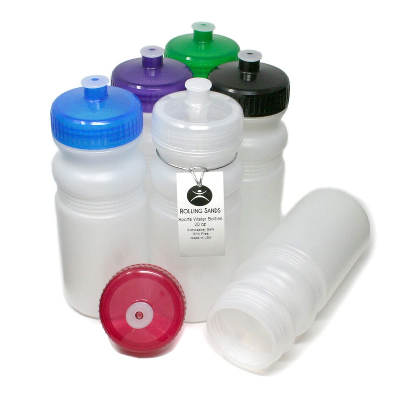 Rolling Sands USA Made 20 Ounce Sports Water Bottles - 6-Pack BPA-Free Blank Sports Bottles for Small Teams, Adults & Kids - Clear Frost Bottle/Variety Lid, No Smell No Taste - Image 1